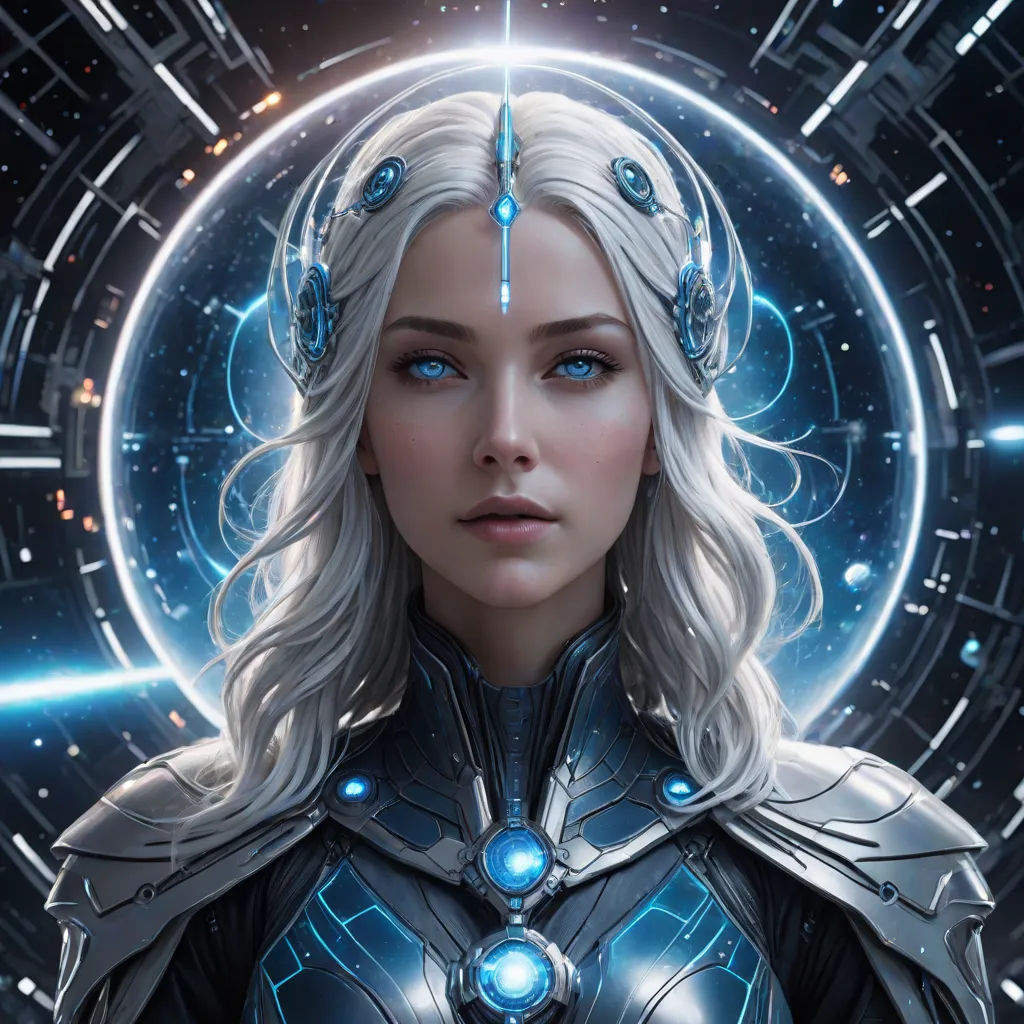 a woman in a futuristic suit with a futuristic background and a circular object in the background, with a blue light shining through her eyes, Clint Cearley, fantasy art, computer graphics, rossdraws global illumination