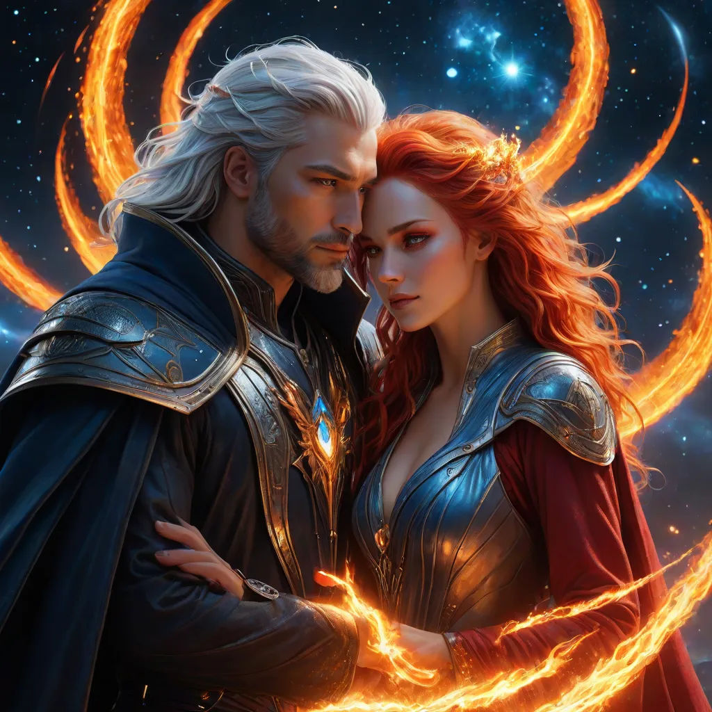 a man and woman standing next to each other in front of a star filled sky with bright orange circles, Aleksi Briclot, fantasy art, computer graphics, epic fantasy character art