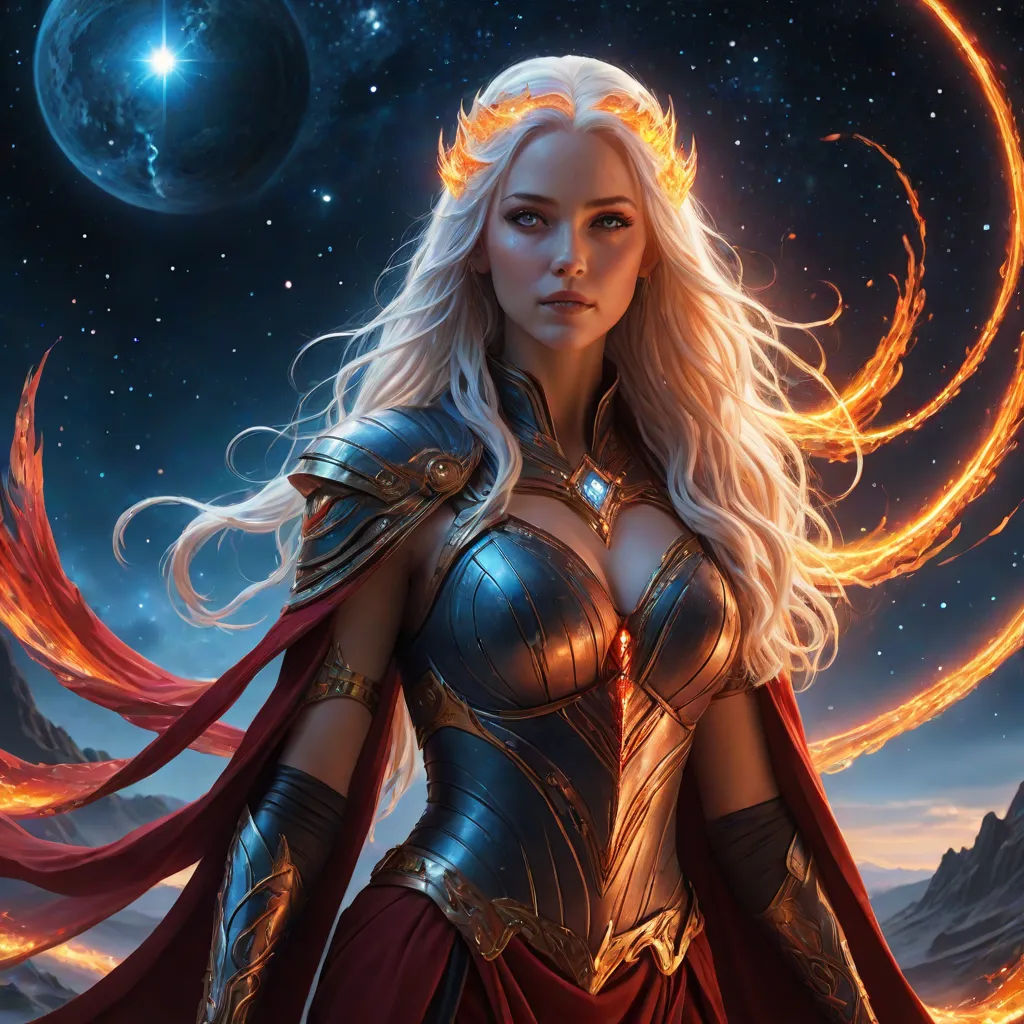 a woman in a costume with a sword and a fire ring around her neck and shoulders, standing in front of a background of a star filled sky, Clint Cearley, fantasy art, concept art, magic the gathering artwork