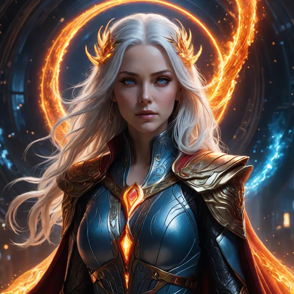 a woman in a blue and gold outfit with a ring around her neck and a ring around her neck, Aleksi Briclot, fantasy art, a detailed painting, magic the gathering artwork