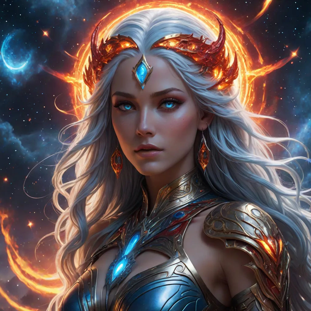a woman with a dragon head and a blue eyes is standing in front of a moon and stars background, Anne Stokes, fantasy art, a detailed painting, epic fantasy character art