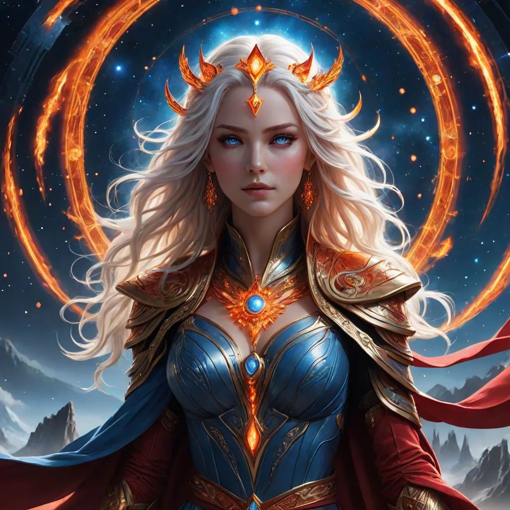 a woman in a blue and gold outfit with a red cape and a crescent around her neck and a ring around her neck, Anne Stokes, fantasy art, a detailed painting, epic fantasy character art