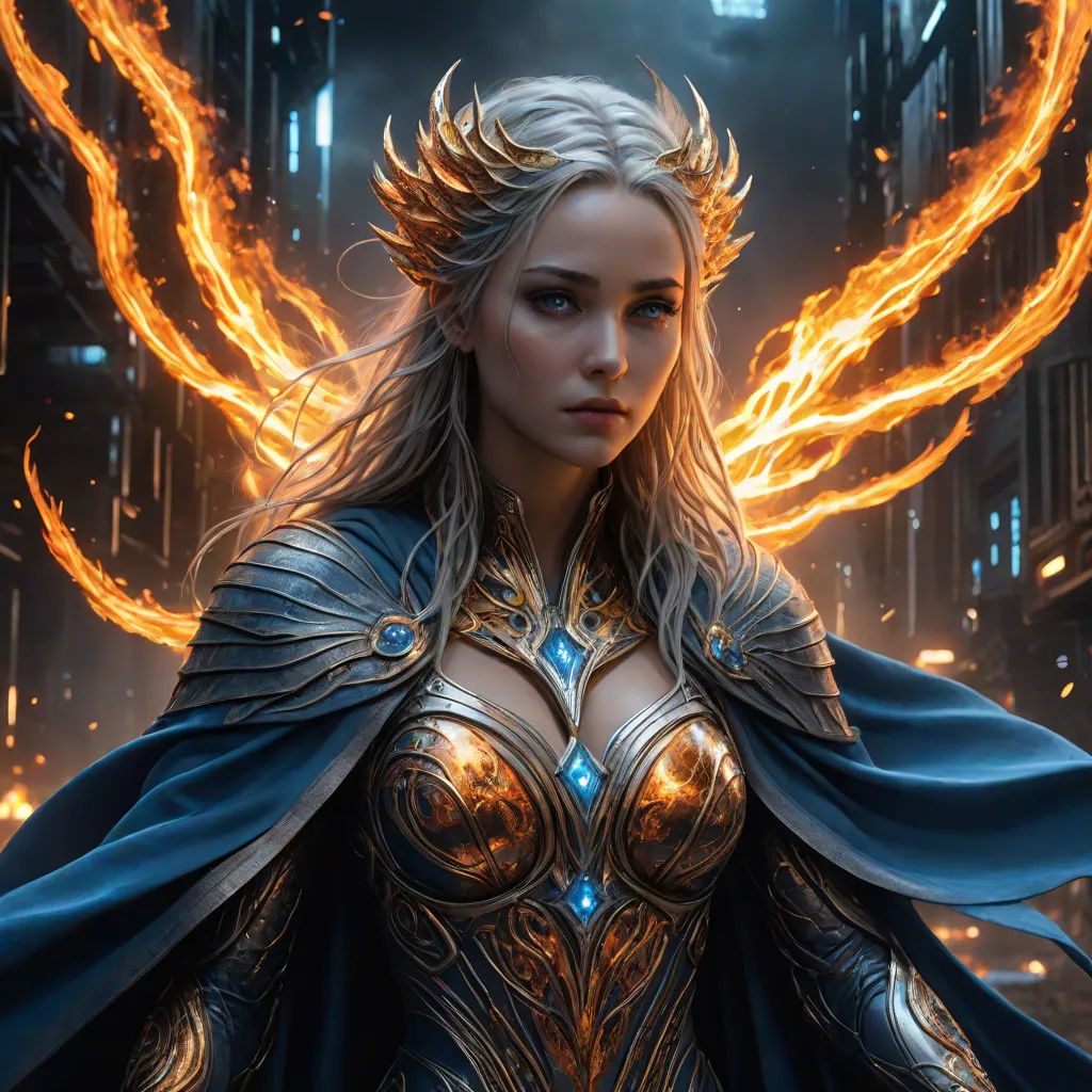 a woman in a costume with fire wings on her shoulders and a sword in her hand, in a city, Clint Cearley, fantasy art, computer graphics, epic fantasy character art