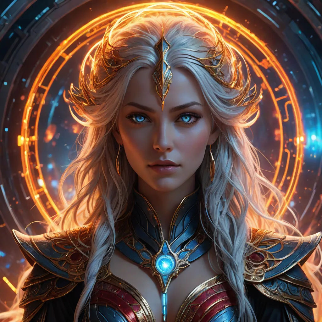 a woman with blonde hair and a blue eye wearing a costume with a golden ring around her neck and a glowing halo around her neck, Clint Cearley, fantasy art, computer graphics, trending on artstation hq