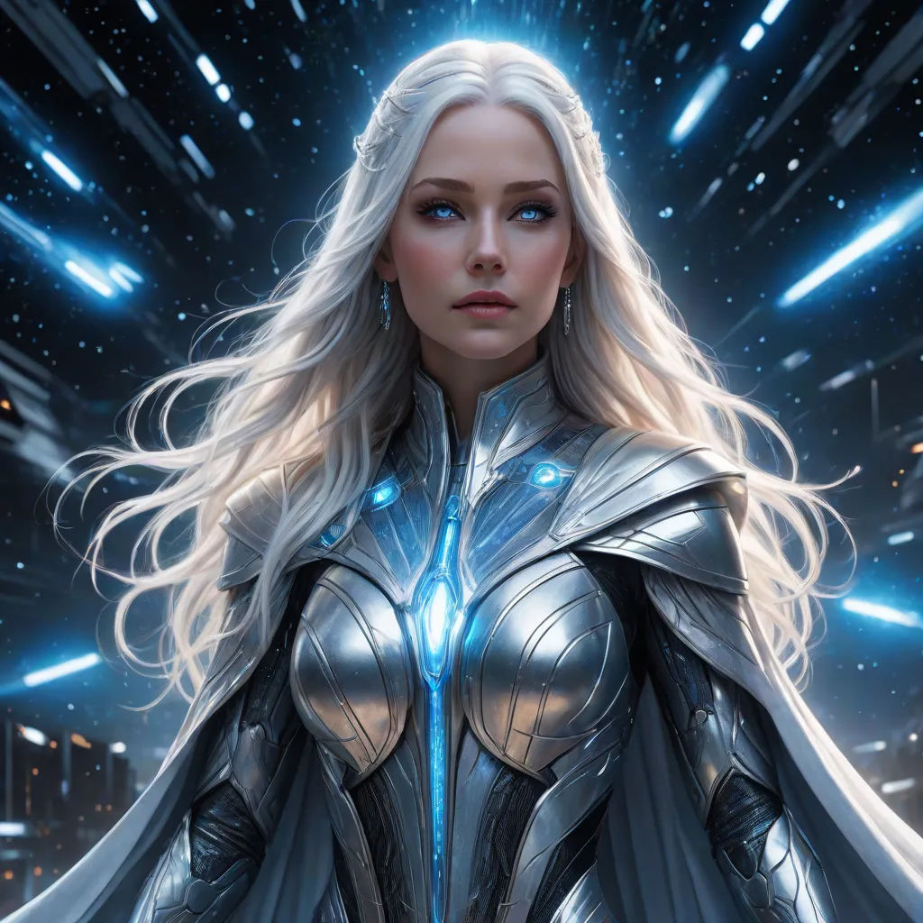 a woman in a silver suit with a sword in her hand and a star in the background with lights, Clint Cearley, fantasy art, a detailed painting, magic the gathering artwork
