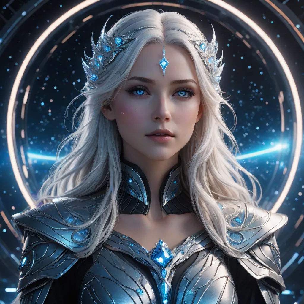 a woman in a silver outfit with a blue eyes and a star background with a circle of stars in the background, Artgerm, fantasy art, computer graphics, rossdraws global illumination
