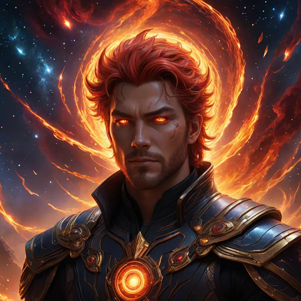 a man with red hair and a beard wearing armor and glowing eyes in front of a star filled sky, Cedric Seaut (Keos Masons), fantasy art, a character portrait, epic fantasy character art