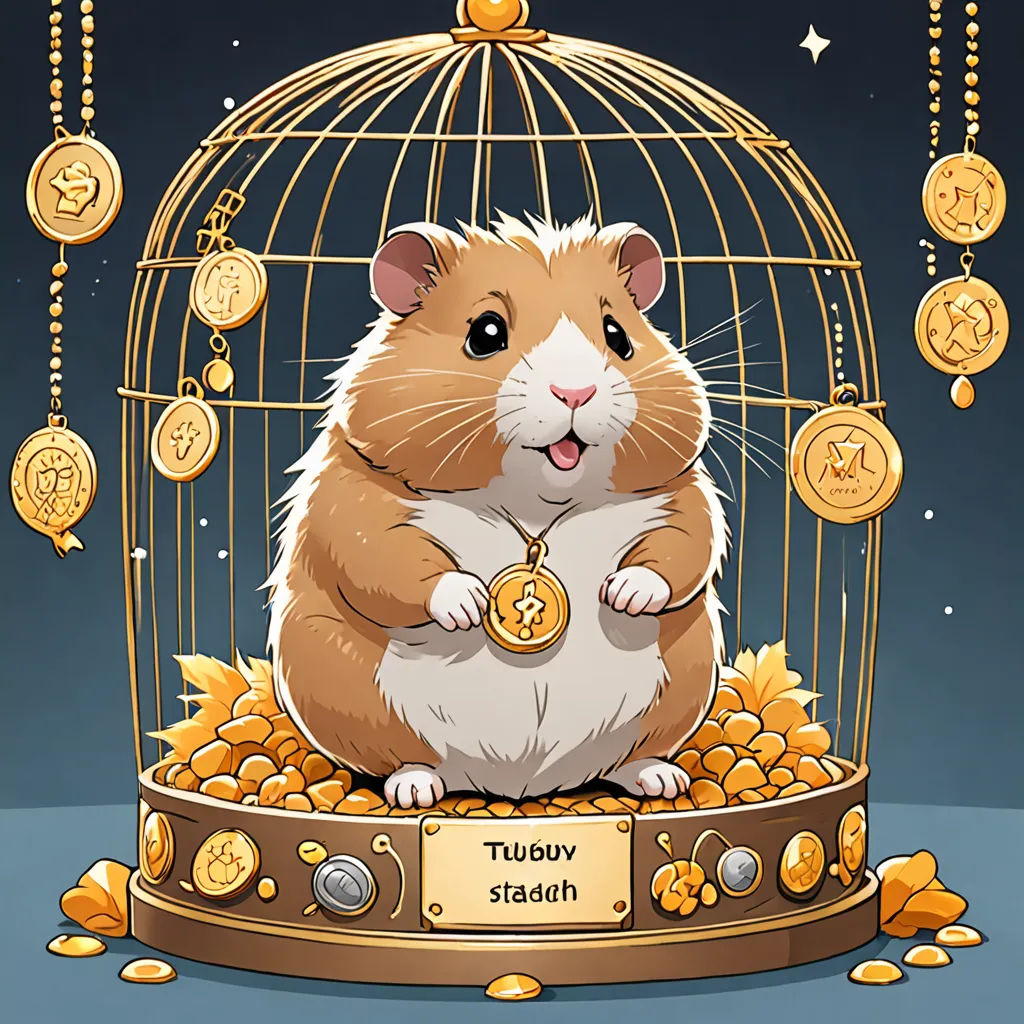 a hamster in a cage with a gold coin in it's paws and a sign that says tummy shash, sots art, a character portrait, Chris LaBrooy, official art