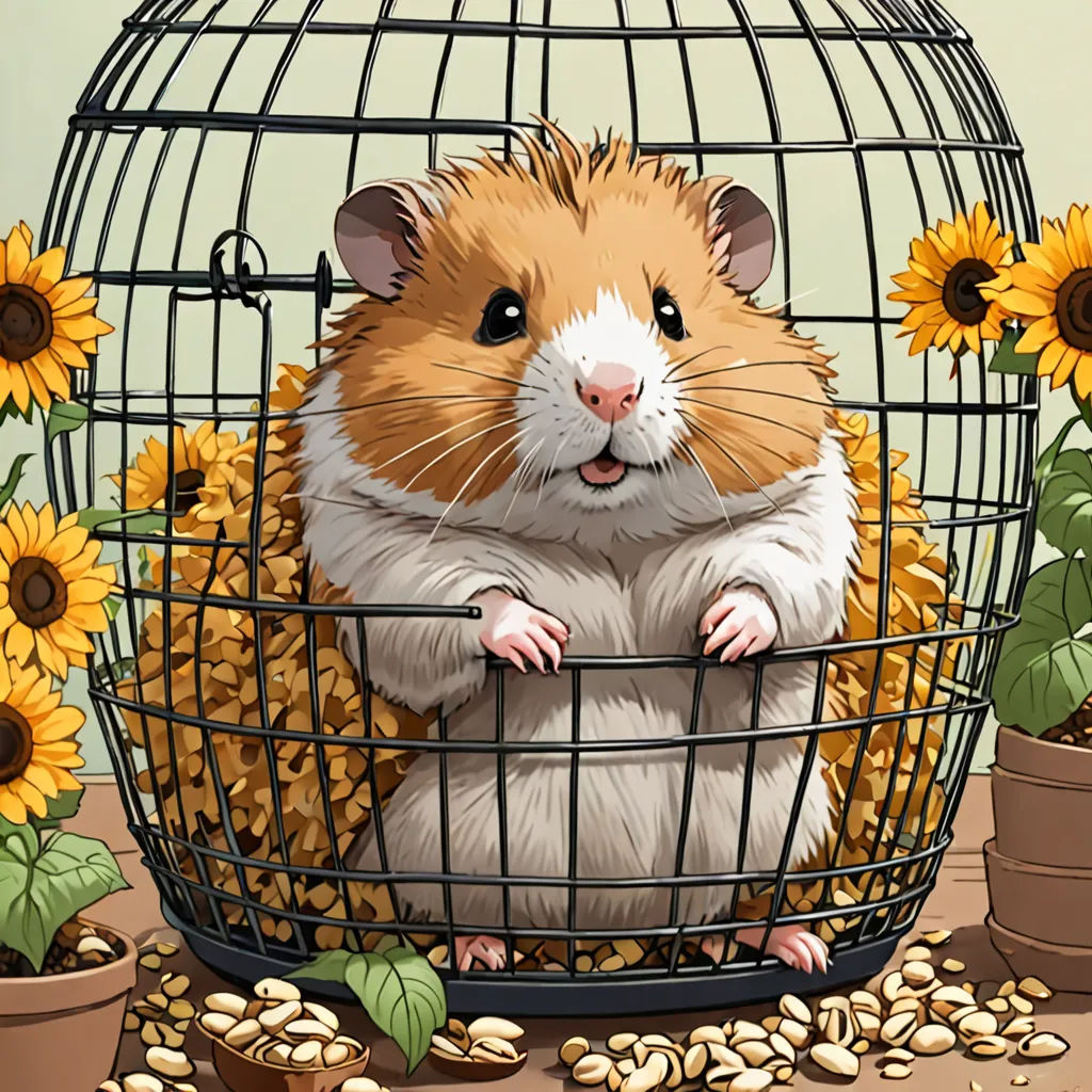 a hamster in a cage surrounded by sunflowers and peanuts, with a sunflower in the background, furry art, a storybook illustration, Claire Hummel, furaffinity
