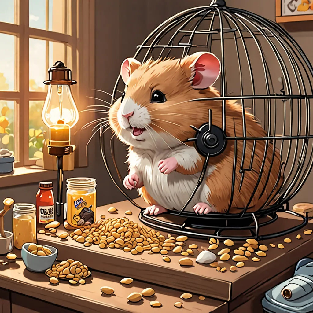 a hamster in a cage on a table with peanuts and a light bulb in the background and a window, furry art, a storybook illustration, Chris LaBrooy, official art