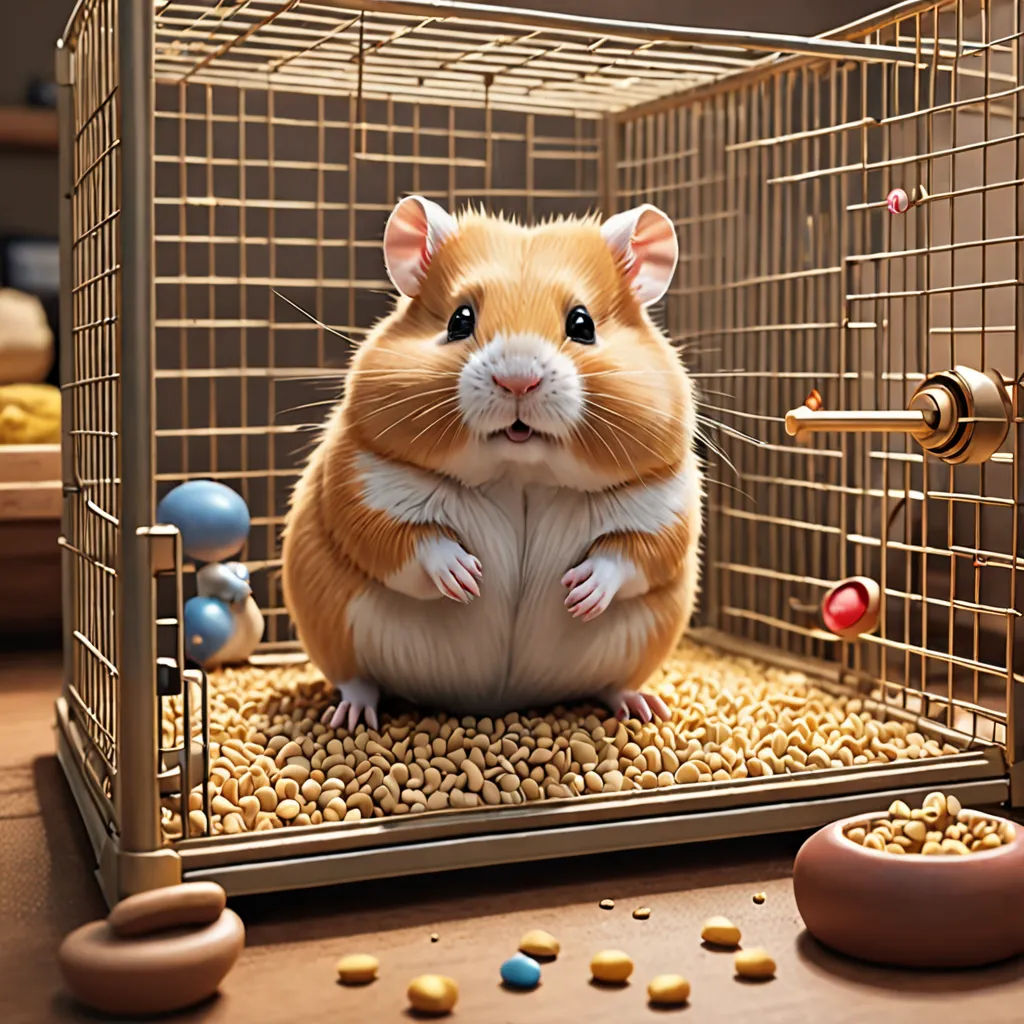 a hamster sitting in a cage with nuts and a ball of thread in front of it and a toy in the background, photorealism, a photorealistic painting, Chris LaBrooy, ultra realistic digital art