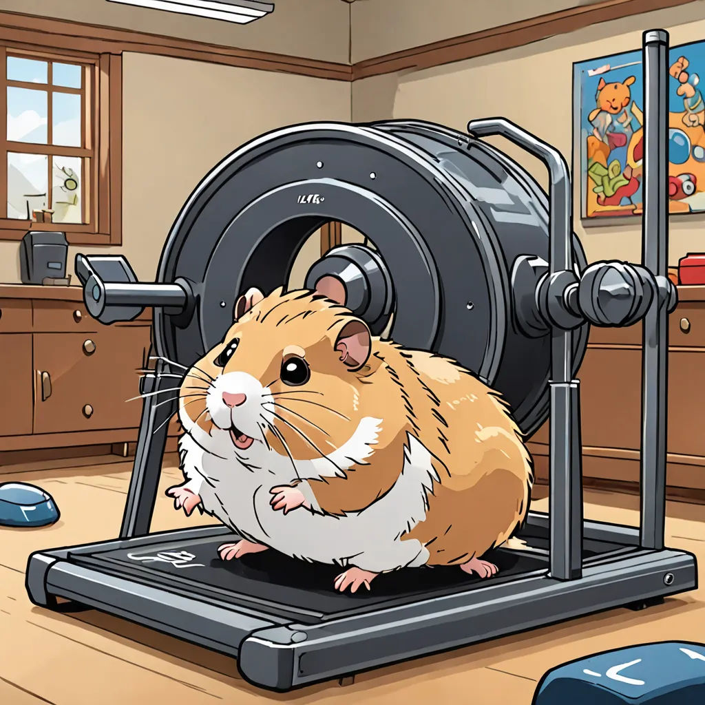 a hamster is sitting on a gym machine in a room with a cartoon character on the wall behind it, furry art, a stock photo, Donald Roller Wilson, official art
