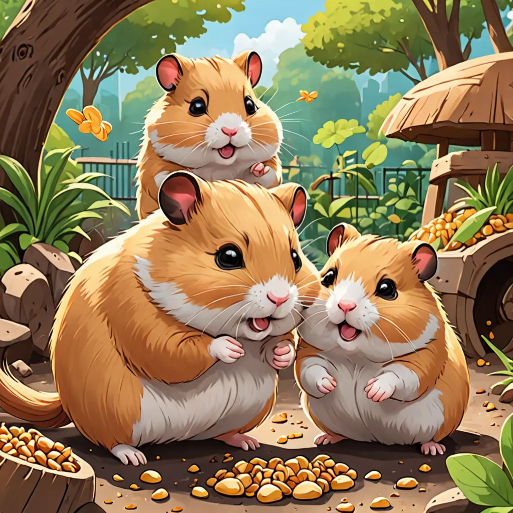 three hamsters are eating peanuts in a forest setting with a birdhouse and a tree in the background, sots art, a detailed painting, Chippy, game art