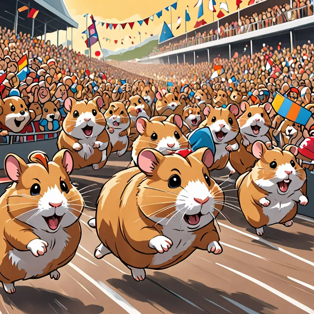 a group of hamsters running in a race in front of a crowd of people in a stadium with flags, furry art, concept art, Cornelisz Hendriksz Vroom, official art