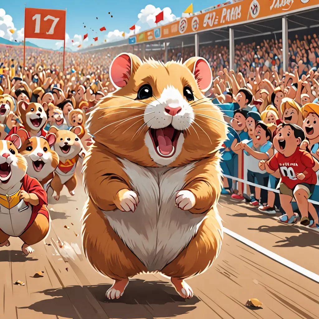 a cartoon of a hamster running in front of a crowd of people in a stadium with a flag, furry art, a storybook illustration, Fan Qi, official art