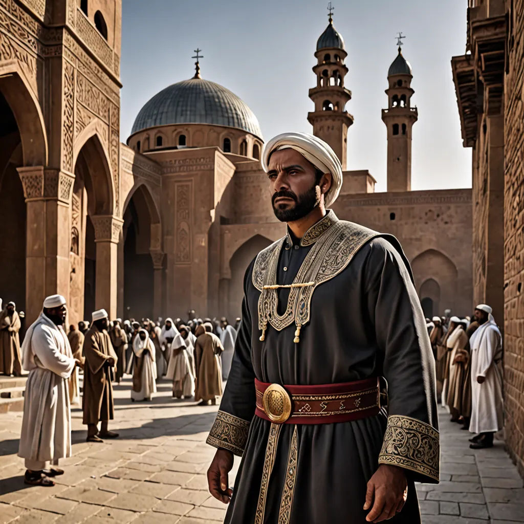 a man in a black outfit standing in front of a building with a crowd of people around him and a man in a white turban, hurufiyya, a detailed matte painting, Altoon Sultan, promotional image