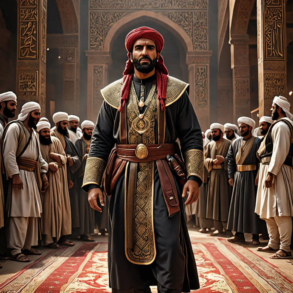 a man in a red turban and a group of men in white turbans stand in a line, hurufiyya, a character portrait, Altoon Sultan, promotional image