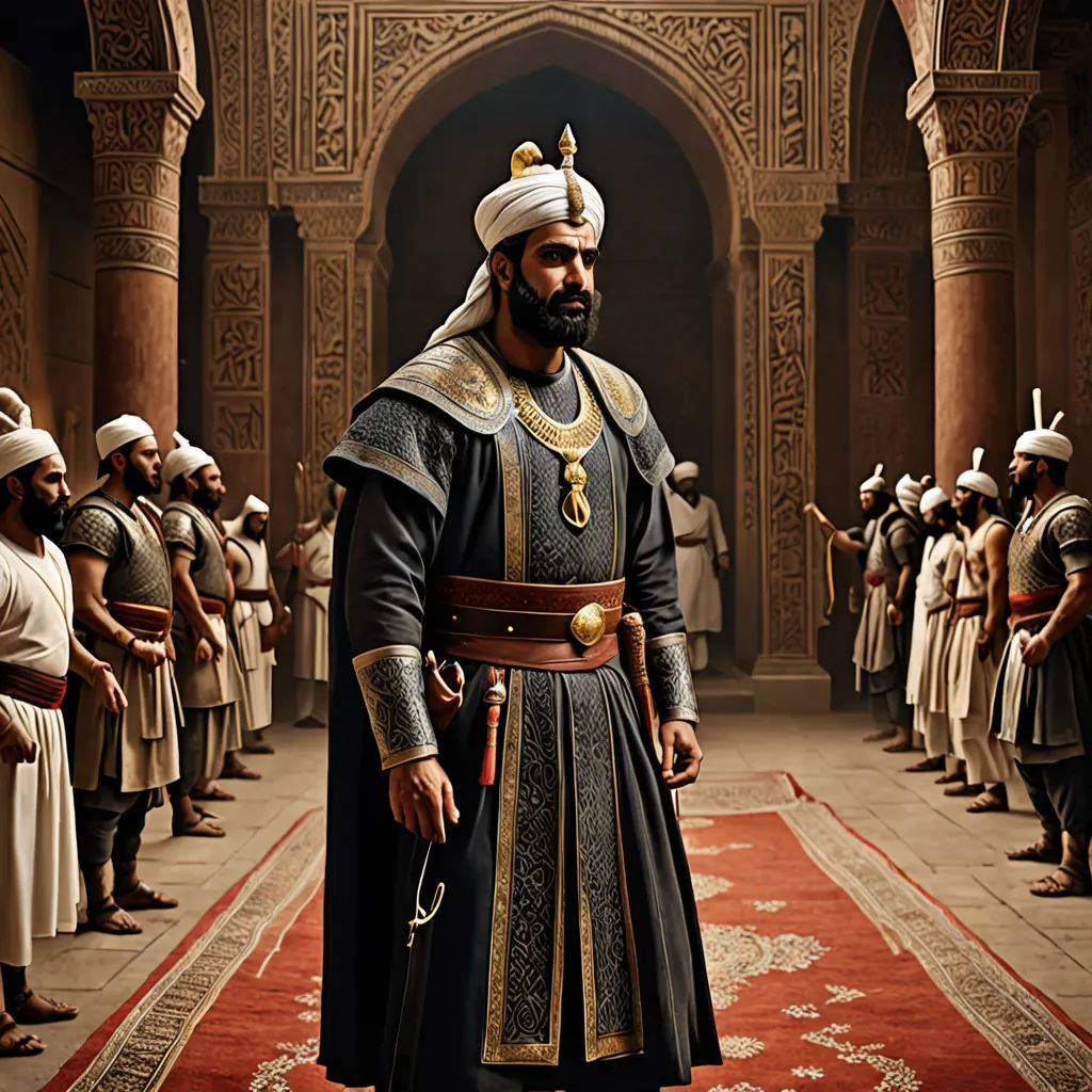 a man in a black and gold outfit standing in front of a group of men in white and gold, hurufiyya, a detailed matte painting, Altoon Sultan, promotional image