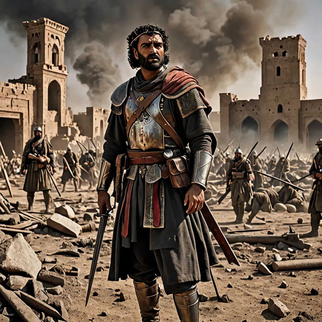 a man in a medieval outfit standing in front of a large group of men in a desert area with a building in the background, antipodeans, a detailed matte painting, Altoon Sultan, promotional image
