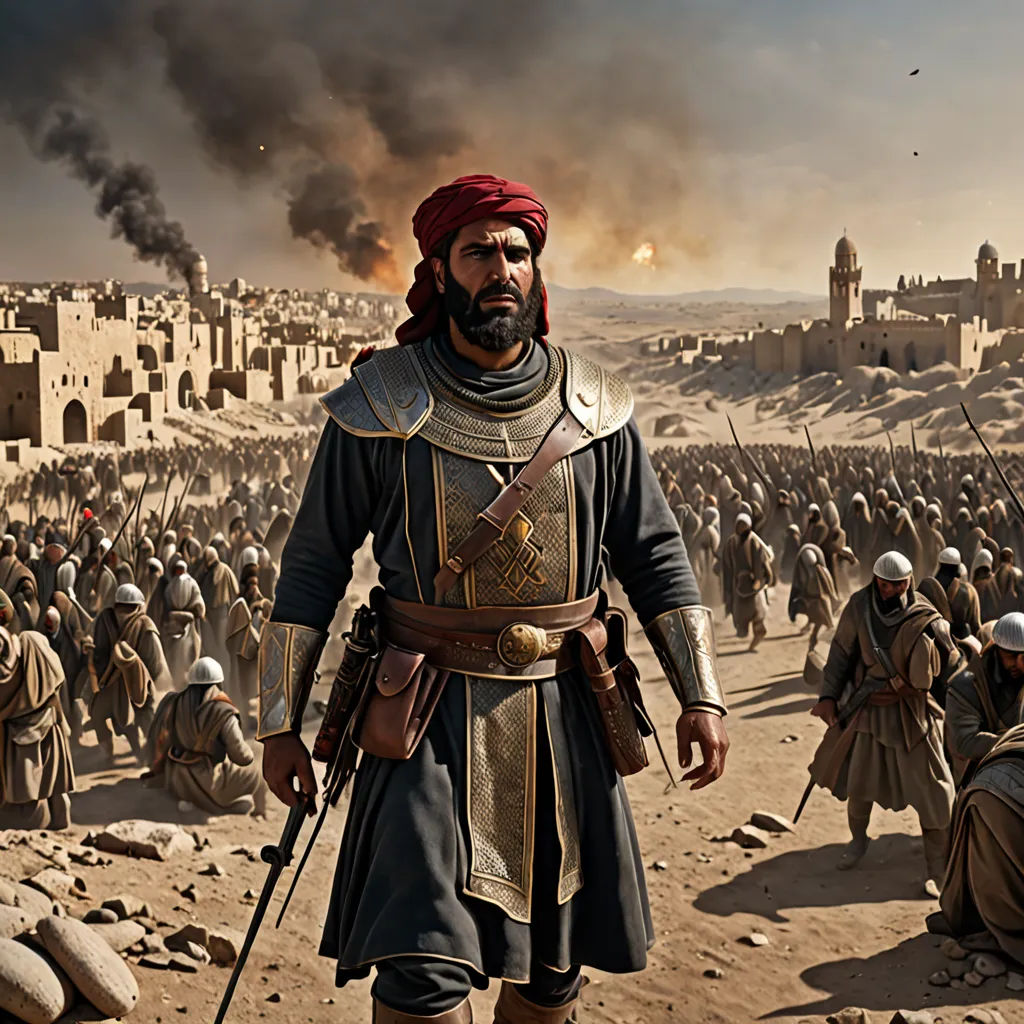 a man in a red turban standing in front of a large group of men in desert like setting, hurufiyya, a detailed matte painting, Altoon Sultan, cinematic matte painting