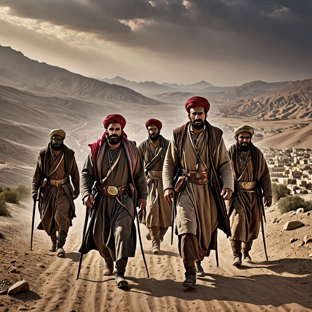 a group of men walking down a dirt road in the desert with mountains in the background and a cloudy sky, dau-al-set, a poster, Amir Zand, cinematic photography