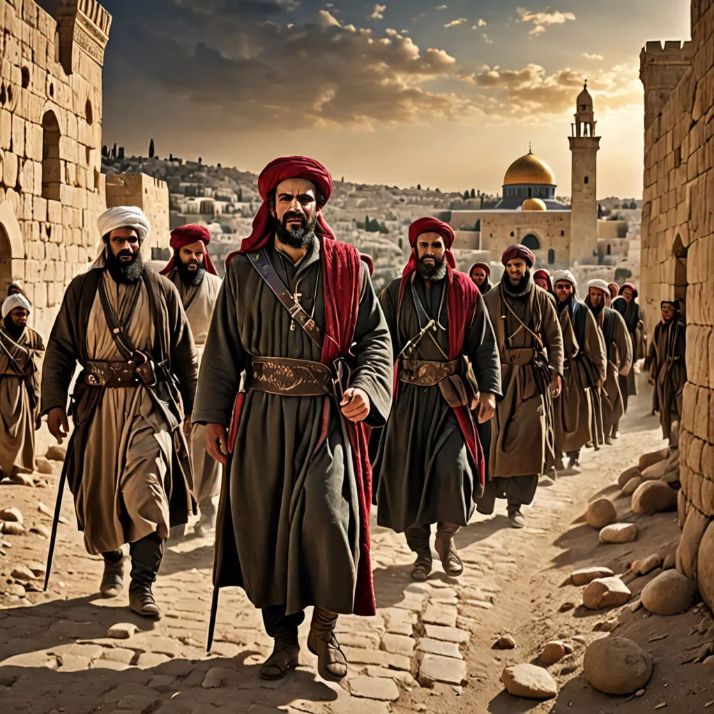 a group of men in traditional clothing walking down a street in a city with a sunset in the background, hurufiyya, a detailed matte painting, Altoon Sultan, cinematic photography