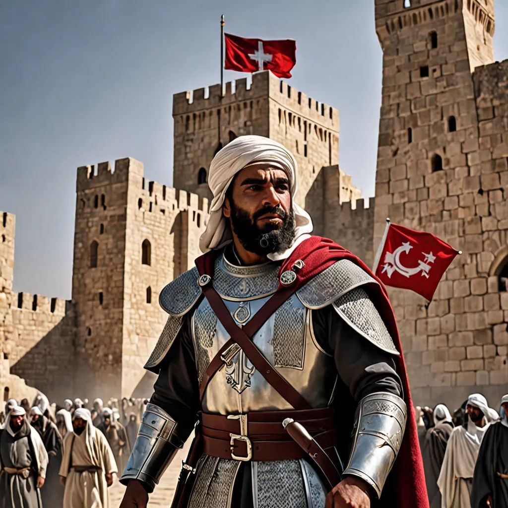 a man in a medieval costume standing in front of a castle with flags flying in the air and people in the background, hurufiyya, a detailed matte painting, Altoon Sultan, medieval