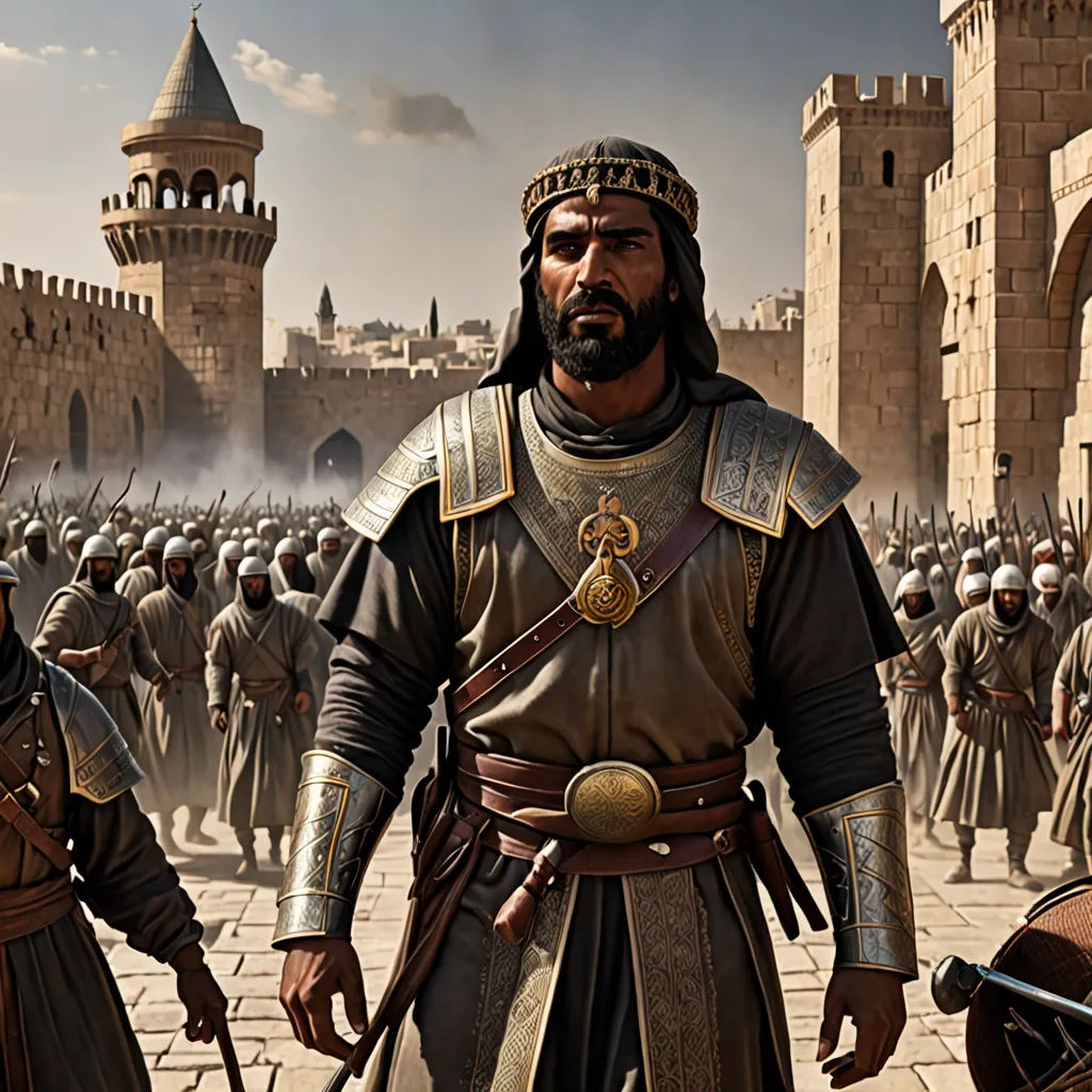 a group of men in medieval costumes standing in front of a castle with a crowd of people in the background, hurufiyya, a detailed matte painting, Altoon Sultan, promotional image