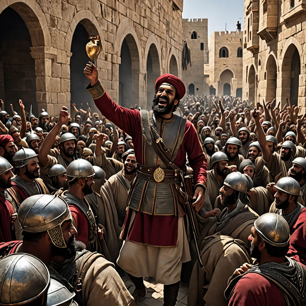 a man in a red and gold outfit standing in front of a crowd of men in armor and helmets, dau-al-set, a detailed matte painting, Altoon Sultan, promotional image
