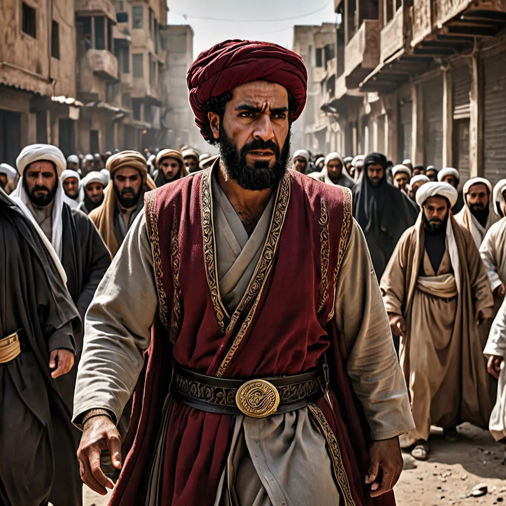 a man in a red turban is walking in a crowd of men in brown and white outfits, hurufiyya, a character portrait, Altoon Sultan, orientalism