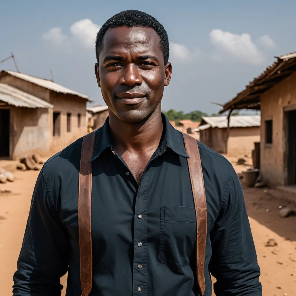 a man with a leather suspender and a black shirt and a brown leather bag on his shoulder stands in front of a dirt road, afrofuturism, a character portrait, Bruce Onobrakpeya, promotional image