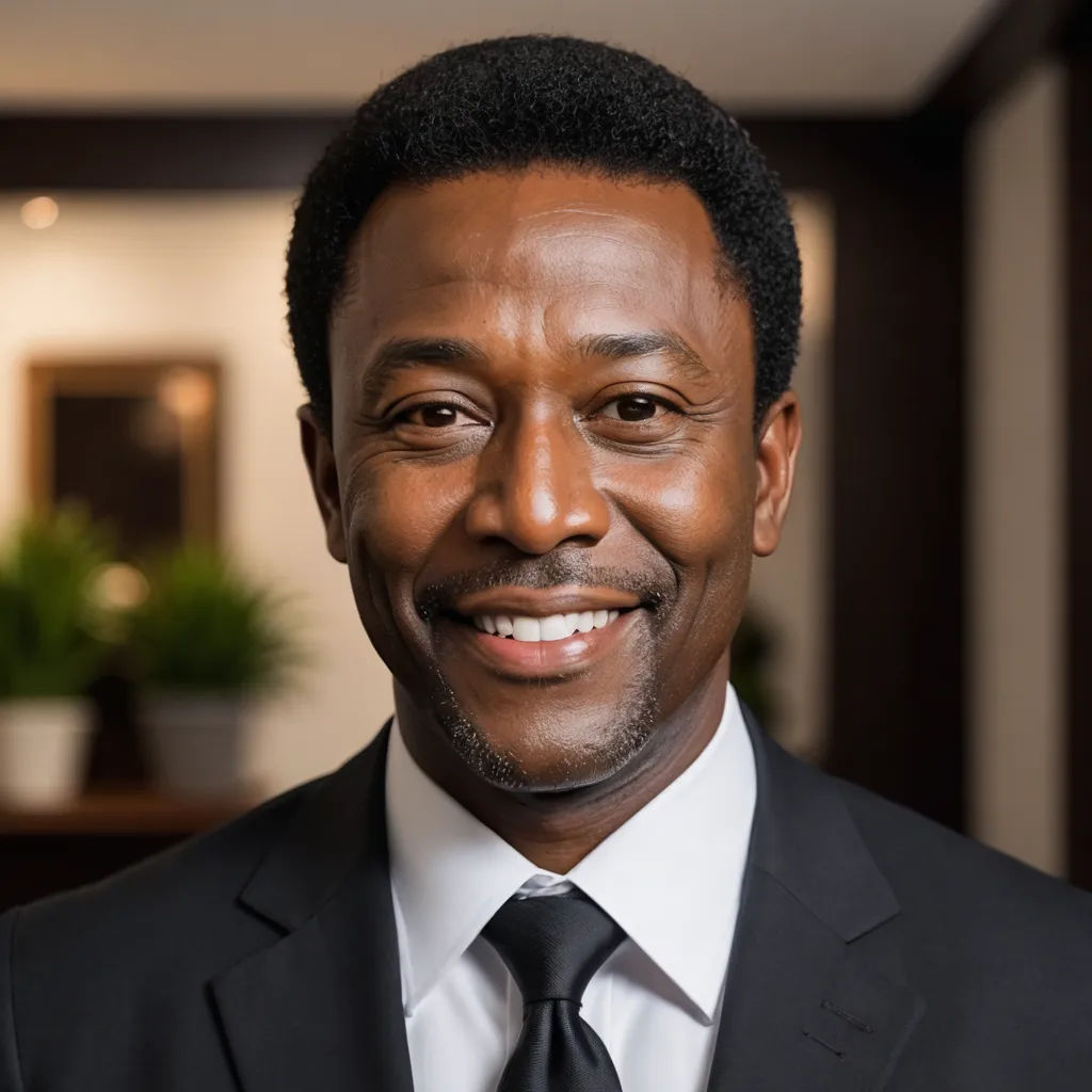 a man in a suit and tie smiling for a picture in a room with a plant in the background, private press, a character portrait, Bruce Onobrakpeya, head and shoulders portrait