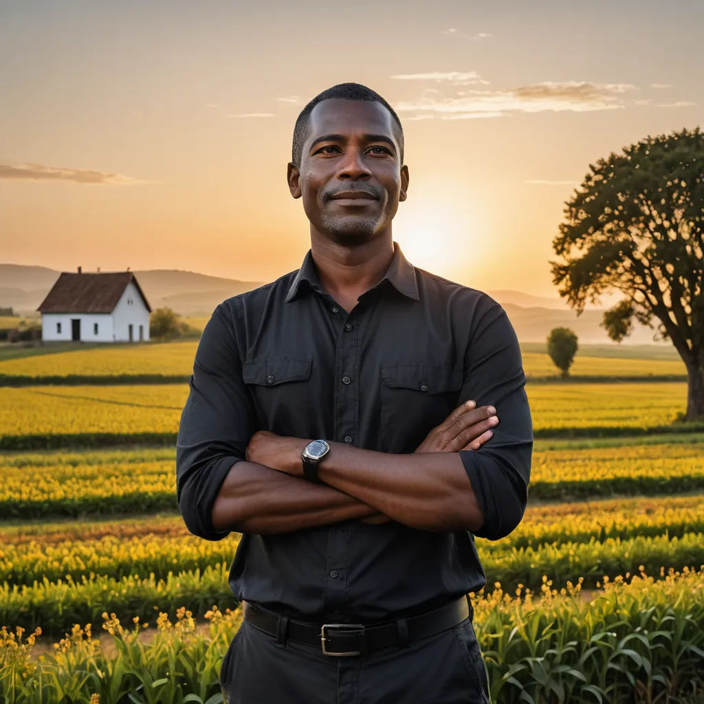 a man standing in front of a field of flowers with his arms crossed and a house in the background, precisionism, a character portrait, Bruce Onobrakpeya, character portrait