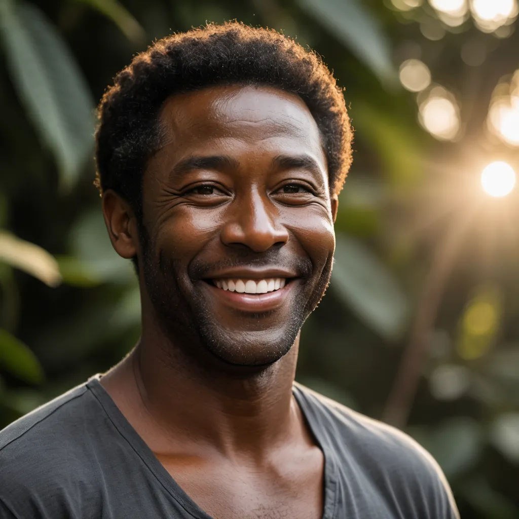 a man smiling with a tree in the background and sunlight shining through the leaves behind him, with a green leafy background, afrofuturism, a character portrait, Bruce Onobrakpeya, character portrait
