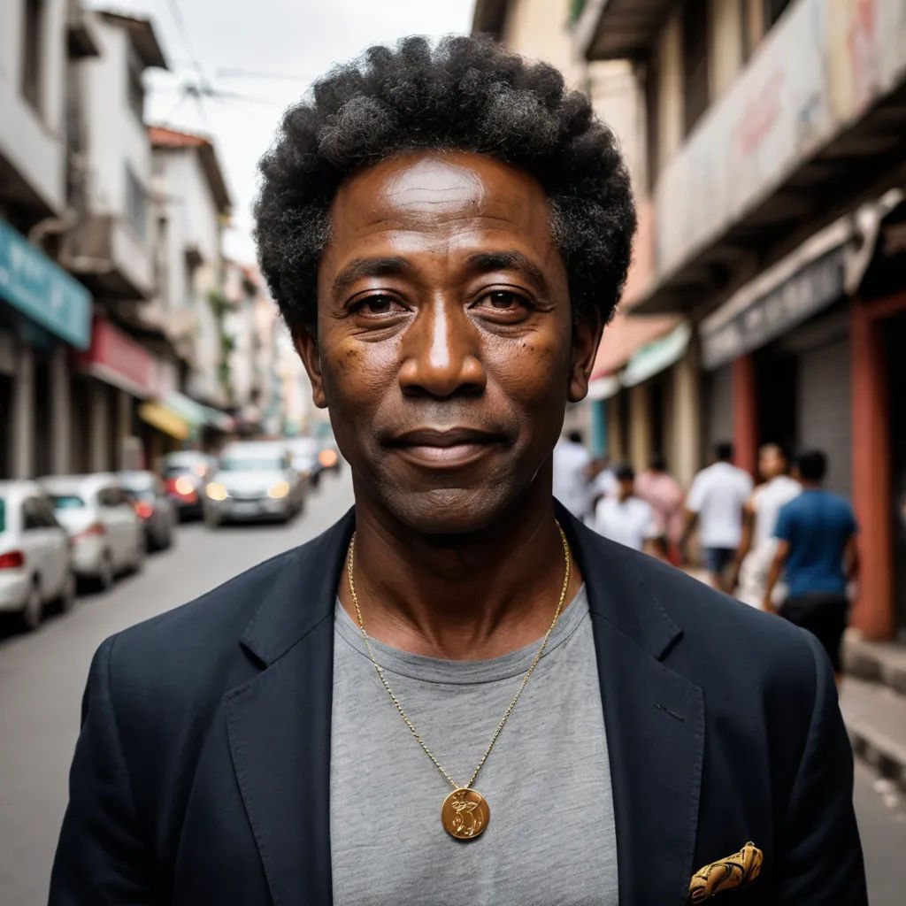 a man with a necklace on standing in the street with cars parked on the side of the road behind him, afrofuturism, a character portrait, Bruce Onobrakpeya, portrait photography