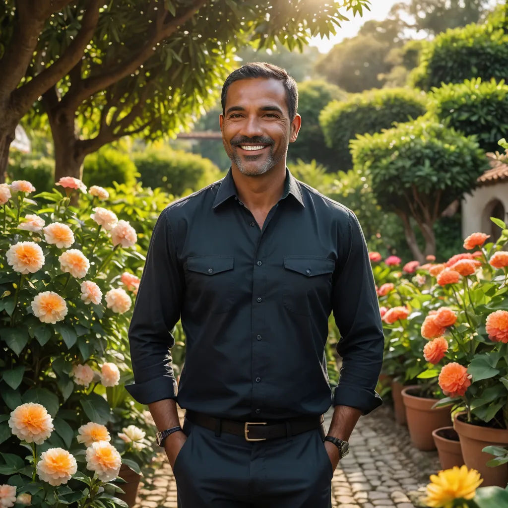 a man standing in front of a garden full of flowers and plants with a smile on his face and a black shirt, harlem renaissance, a character portrait, Antonio Donghi, jayison devadas