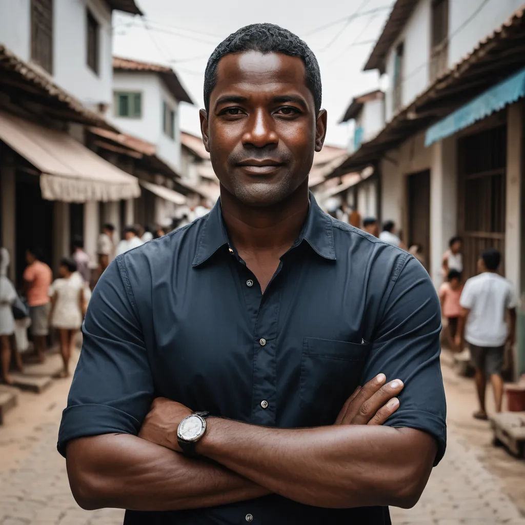 a man standing in a street with his arms crossed and people in the background looking at the camera and smiling, international typographic style, a character portrait, Bruce Onobrakpeya, character portrait