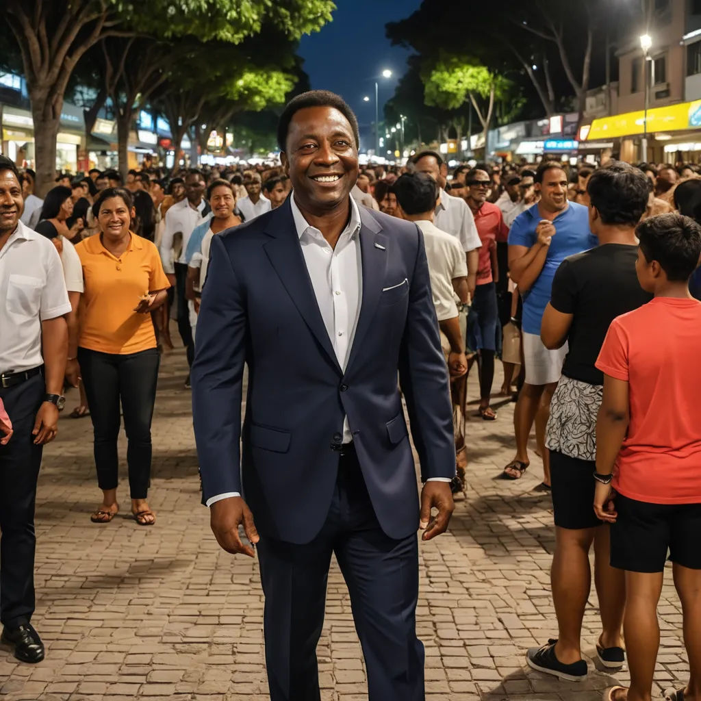a man in a suit standing in front of a crowd of people on a sidewalk at night time with a smile on his face, harlem renaissance, a stock photo, Bernard Accama, jayison devadas