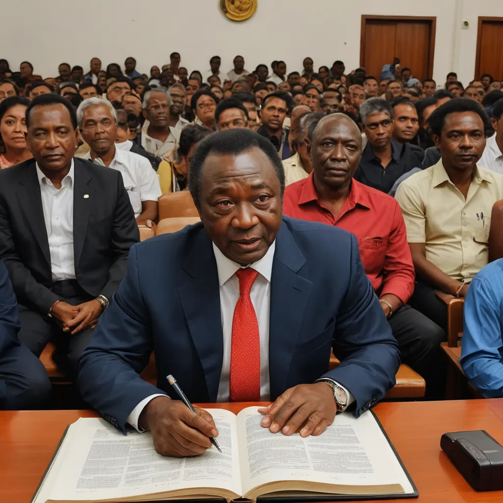 a man in a suit and tie sitting at a table with a book in front of him and a group of people behind him, figuration libre, a portrait, Bernard Accama, photo real