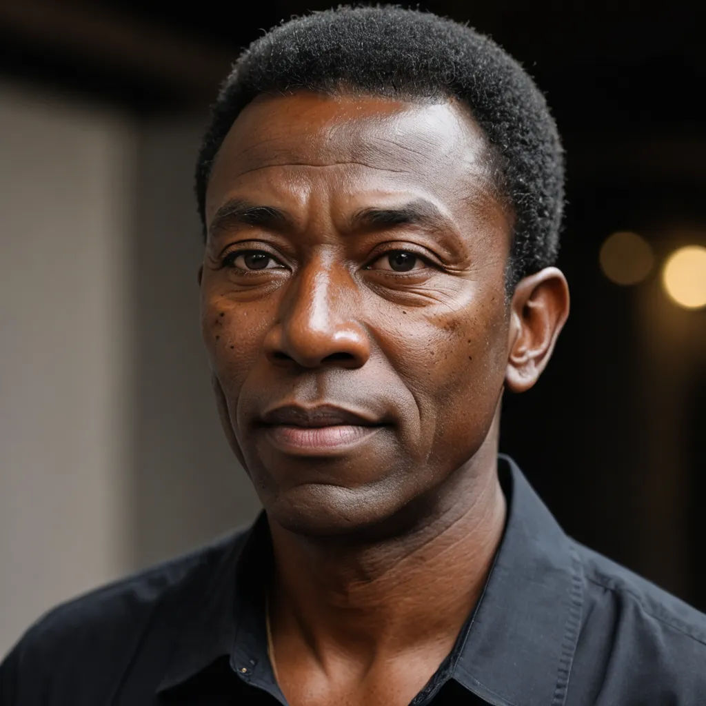a man with a black shirt and a black tie on his shirt is looking at the camera and smiling, black arts movement, a character portrait, Bruce Onobrakpeya, profile picture
