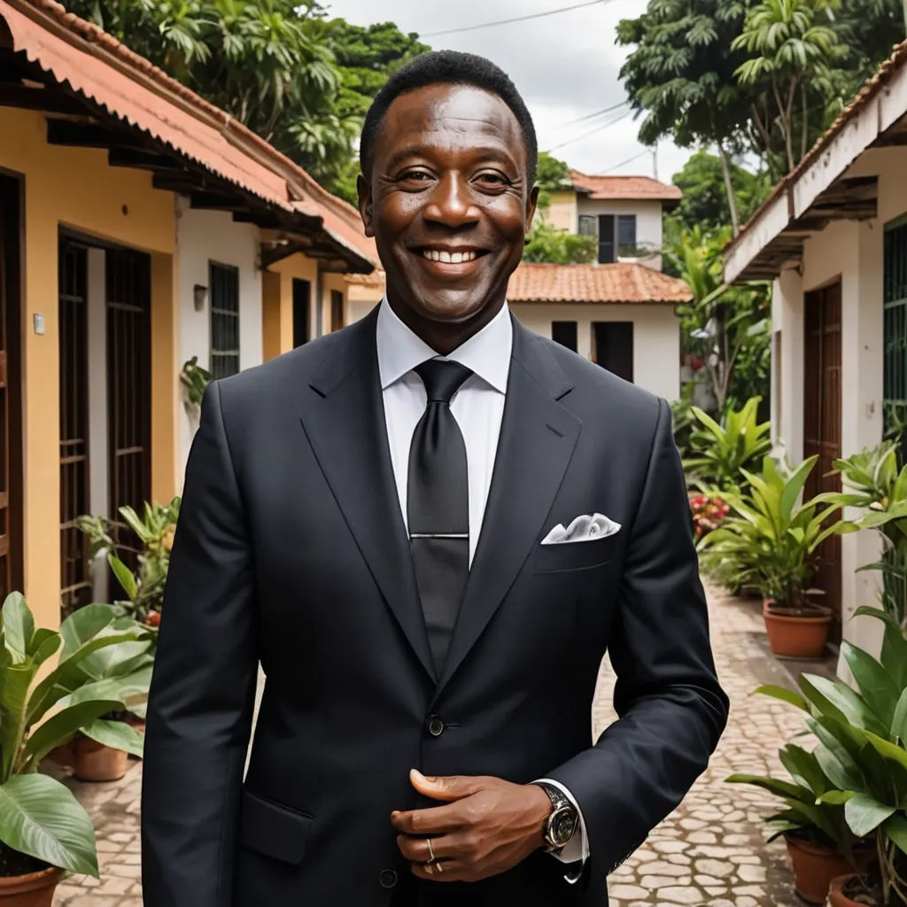 a man in a suit and tie standing in front of a house with plants and trees in the background, harlem renaissance, a character portrait, Bruce Onobrakpeya, professional photo