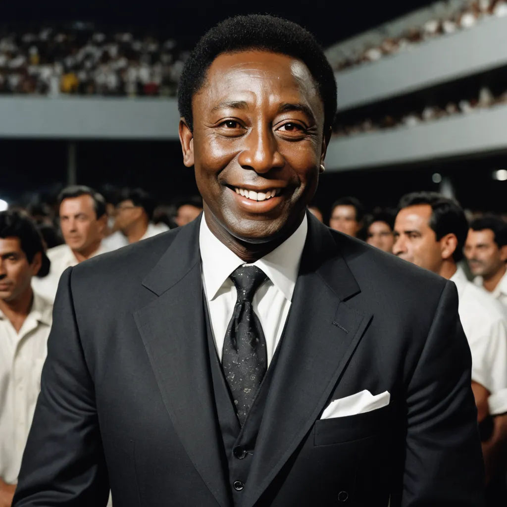 a man in a suit and tie standing in front of a crowd of people in a stadium with a smile on his face, naturalism, a colorized photo, Bernard Accama, 1 9 7 0 s