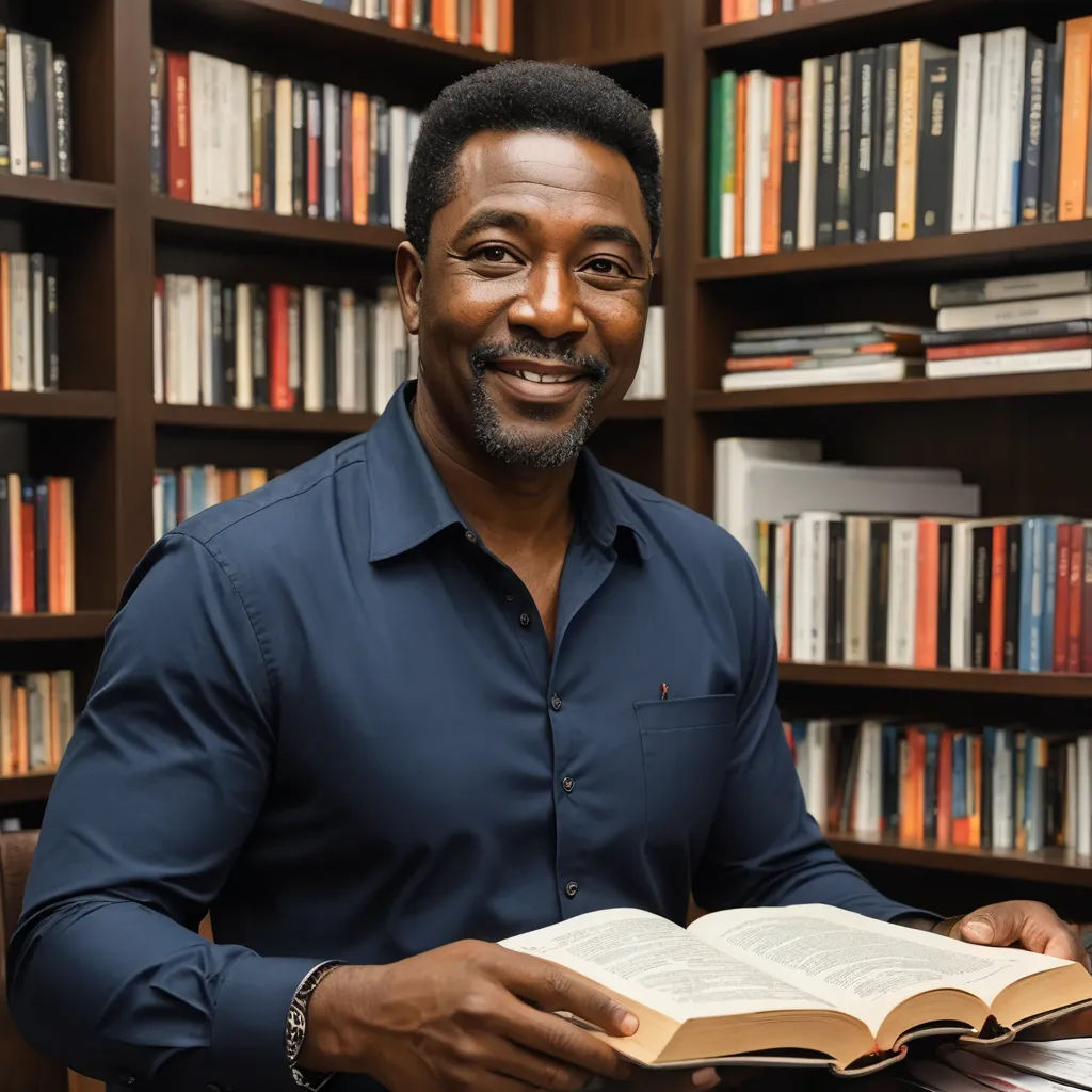 a man holding a book in front of a book shelf filled with books and bookshelves in a library, black arts movement, a character portrait, Bruce Onobrakpeya, professional photo