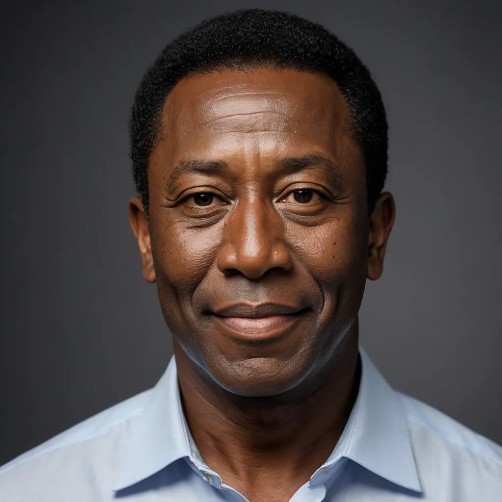 a man with a blue shirt and a tie on smiling at the camera with a black background and a gray background, private press, a character portrait, Bruce Onobrakpeya, head and shoulders portrait