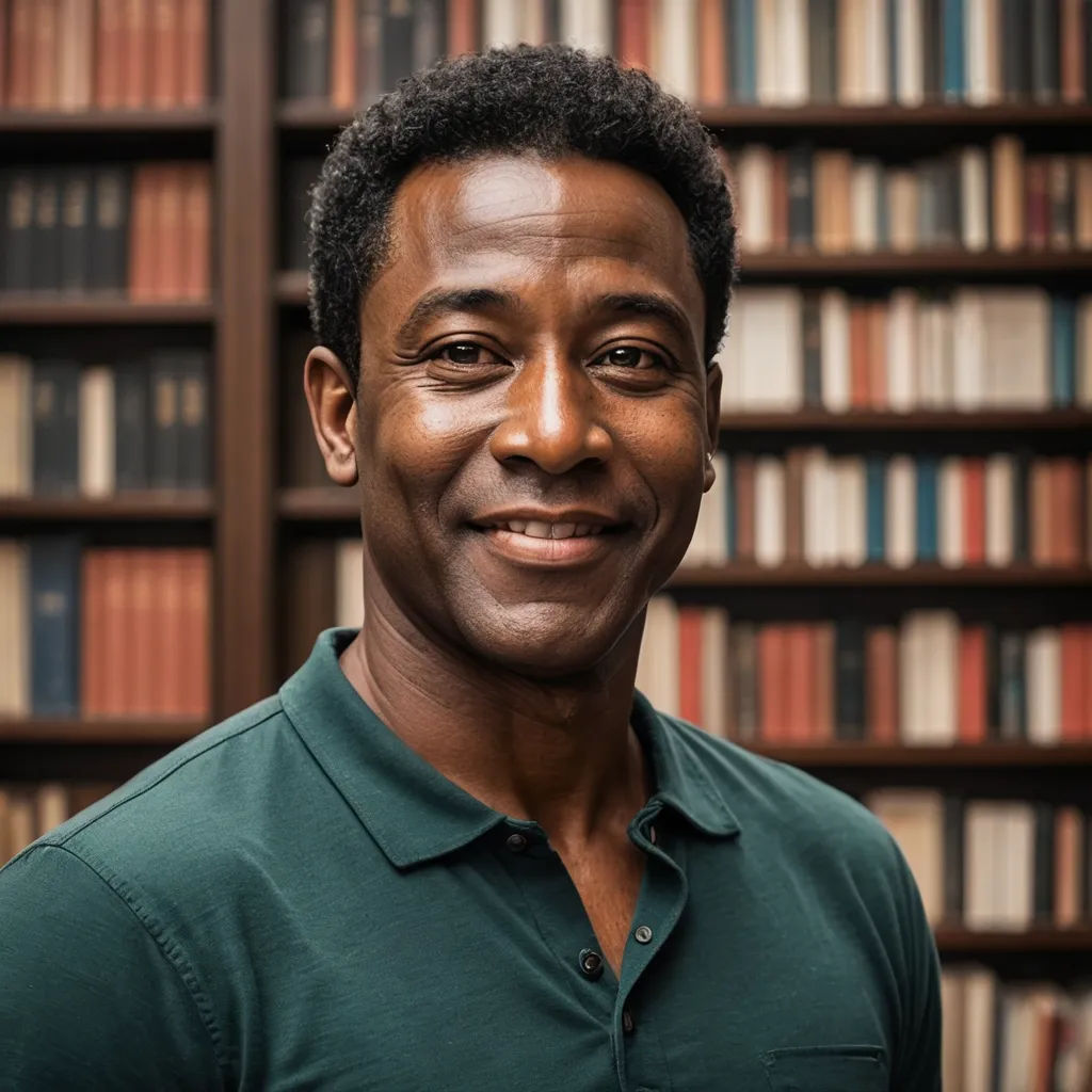 a man in a green shirt standing in front of a book shelf filled with books and bookshelves, black arts movement, a character portrait, Bruce Onobrakpeya, profile picture