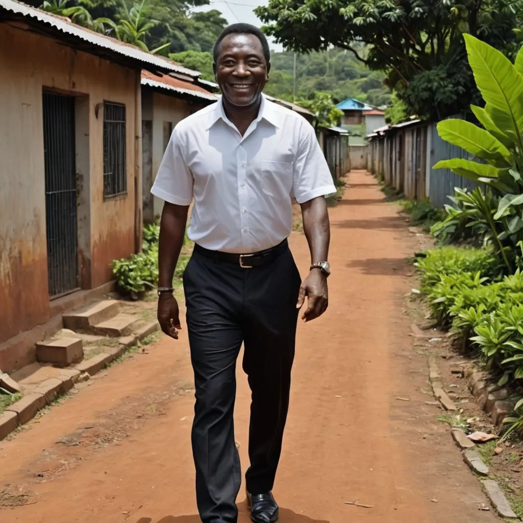 a man walking down a dirt road in a white shirt and black pants and a brown shoe on the side of the road, primitivism, a character portrait, Bruce Onobrakpeya, standing