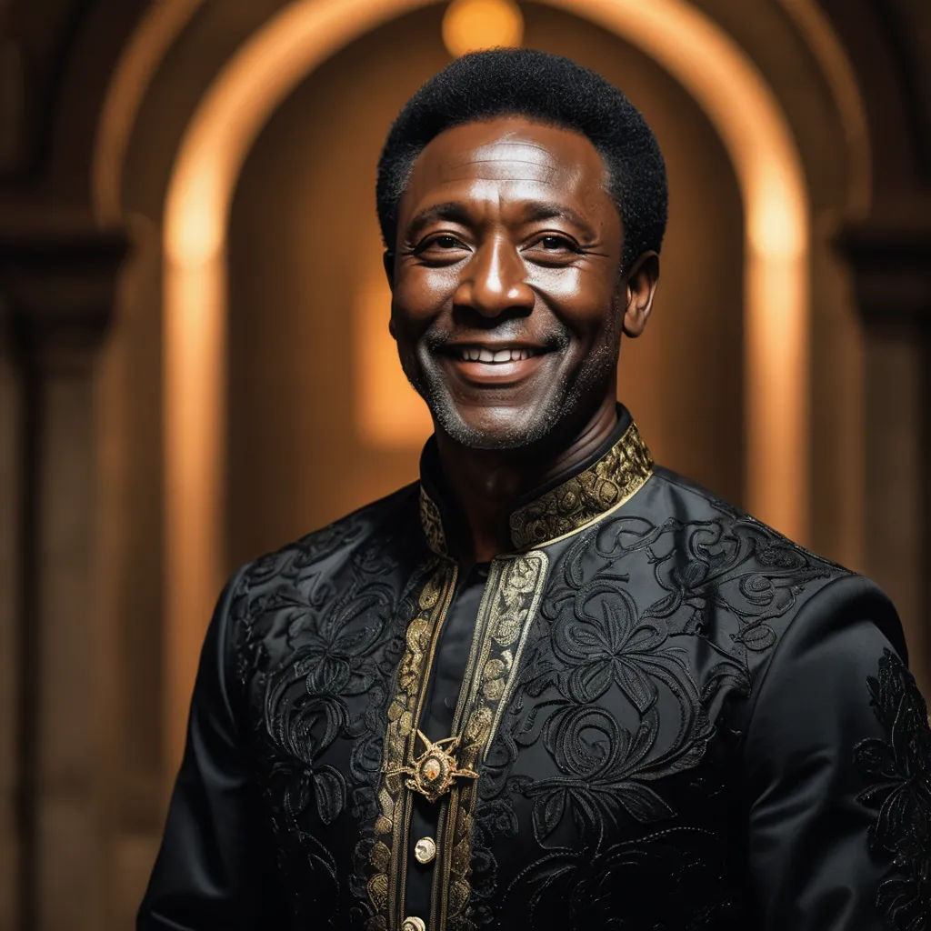 a man in a black and gold outfit smiling at the camera with a doorway in the background and a light in the background, renaissance, a portrait, Bruce Onobrakpeya, regal