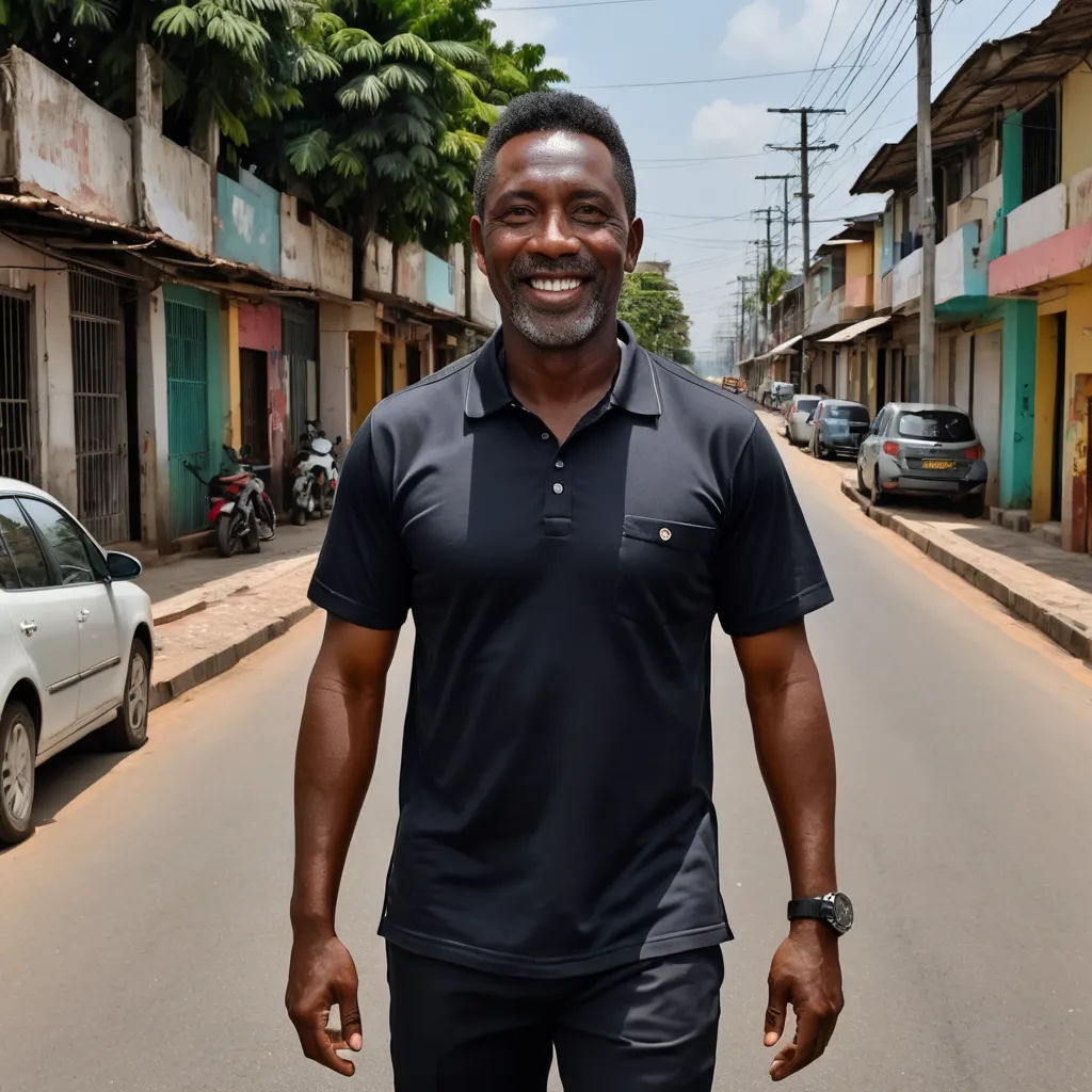 a man standing in the middle of a street smiling for the camera with a car parked on the side of the road, black arts movement, a character portrait, Bruce Onobrakpeya, promotional image