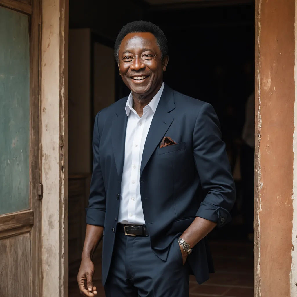 a man in a suit standing in a doorway smiling at the camera with his hands in his pockets and his hands in his pockets, black arts movement, a character portrait, Chafik Charobim, promotional image