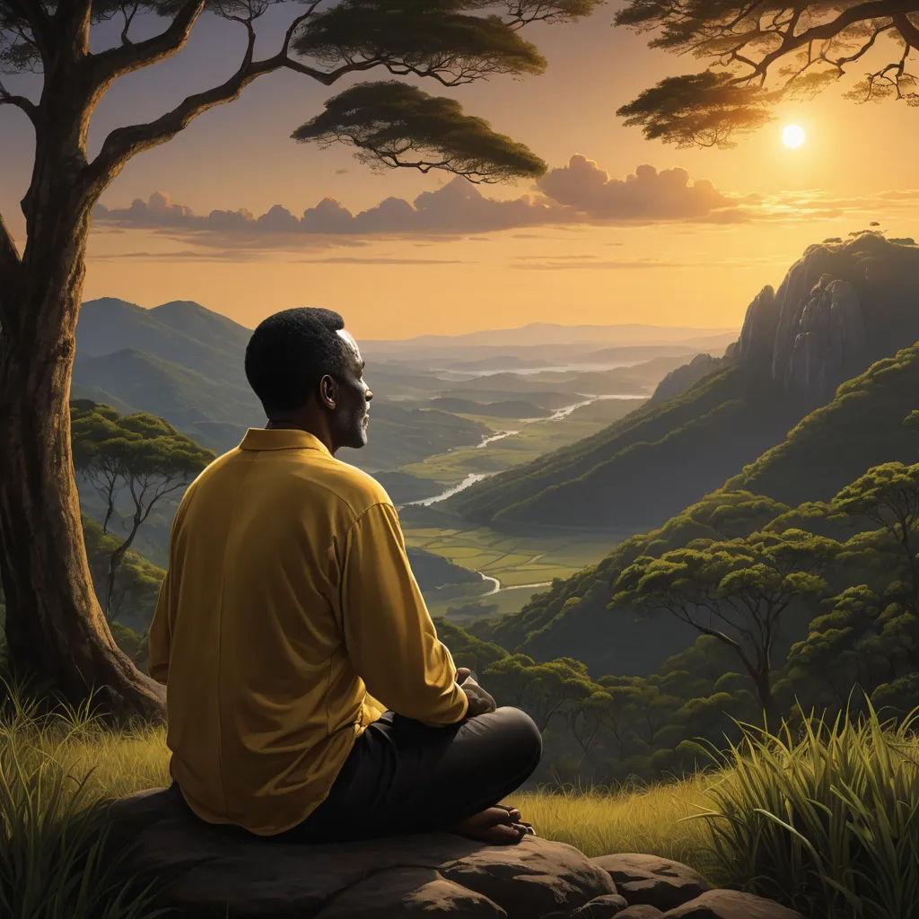 a man sitting on a rock looking at a sunset over a valley with a river and mountains in the distance, afrofuturism, a detailed matte painting, Christophe Vacher, highly detailed digital painting